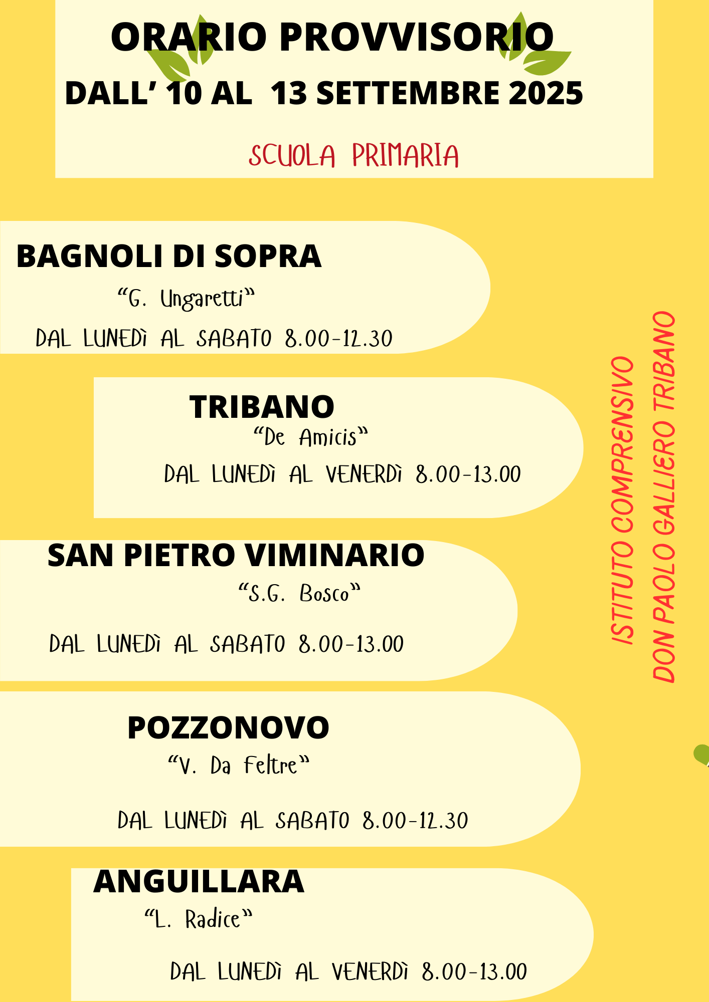 Orario provvisorio dal 10 al 13 settembre 2025 scuole primarie